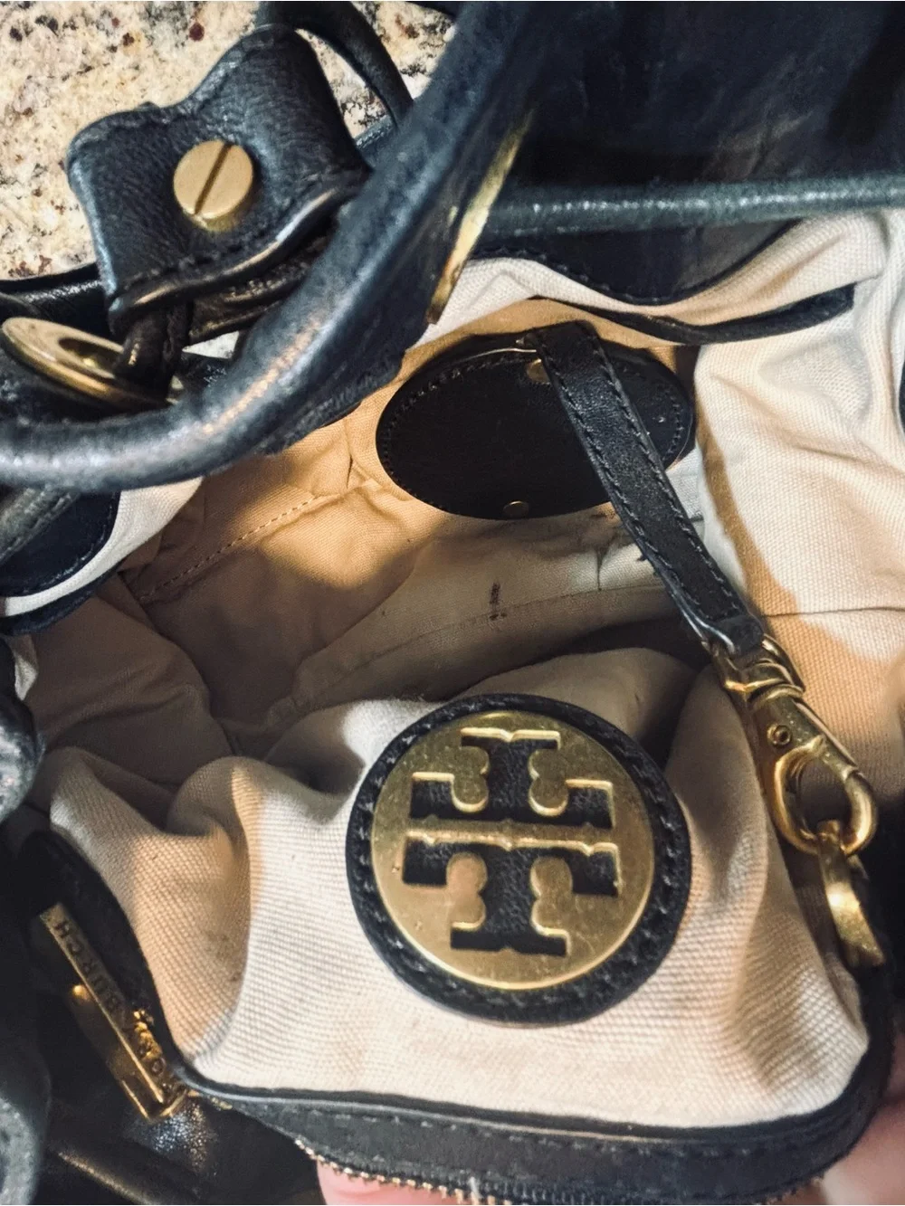 Tory Burch Black Leather Messenger with Gold Hardware